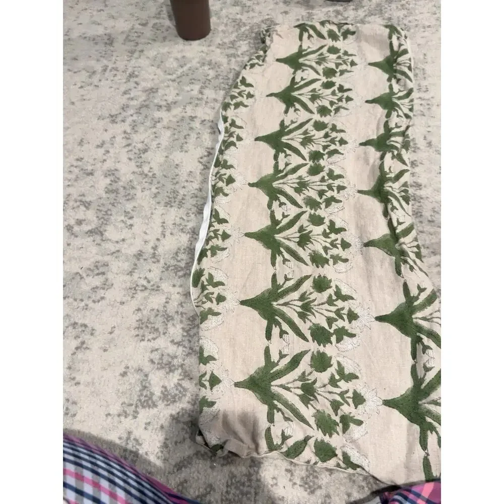 Green Beige Floral Botanical Cotton Lumbar Pillow 33x13 Rectangular Zip Cover